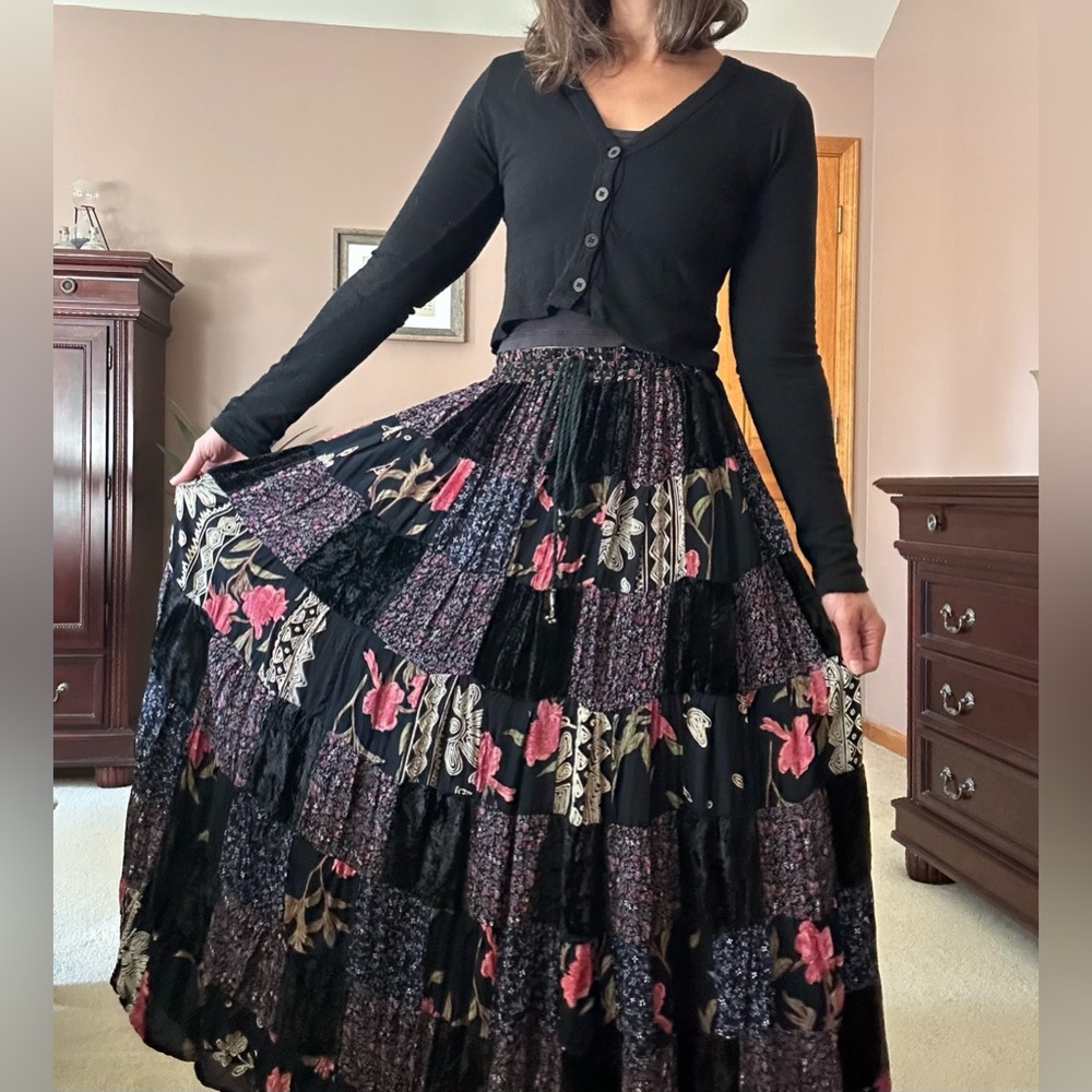 Vintage 24 Karat Patchwork Velvet Rayon Maxi Skirt OS